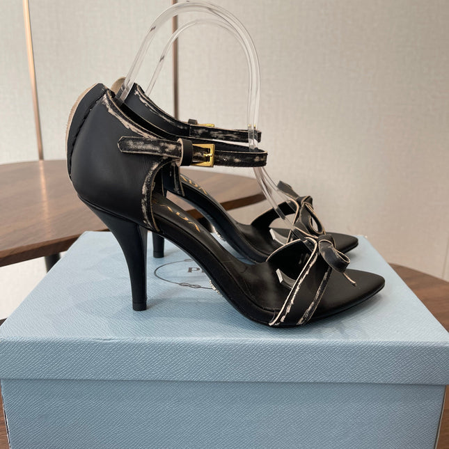 PRADA 26S HIGH HEEL SANDALS 85MM IN BLACK CALFSKIN WITH BOW