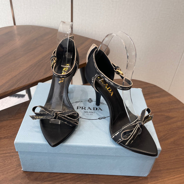 PRADA 26S HIGH HEEL SANDALS 85MM IN BLACK CALFSKIN WITH BOW