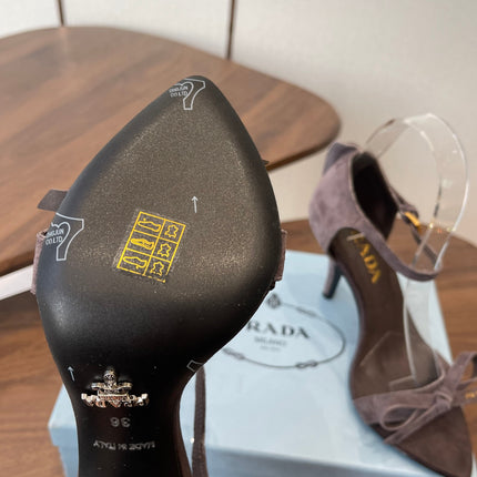 PRADA 26S HIGH HEEL SANDALS 85MM IN DARK BROWN SUEDE WITH BOW