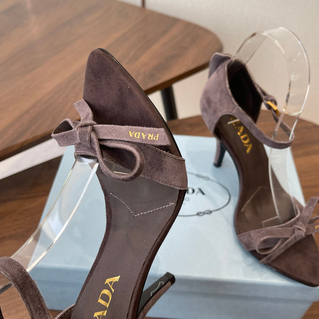 PRADA 26S HIGH HEEL SANDALS 85MM IN DARK BROWN SUEDE WITH BOW