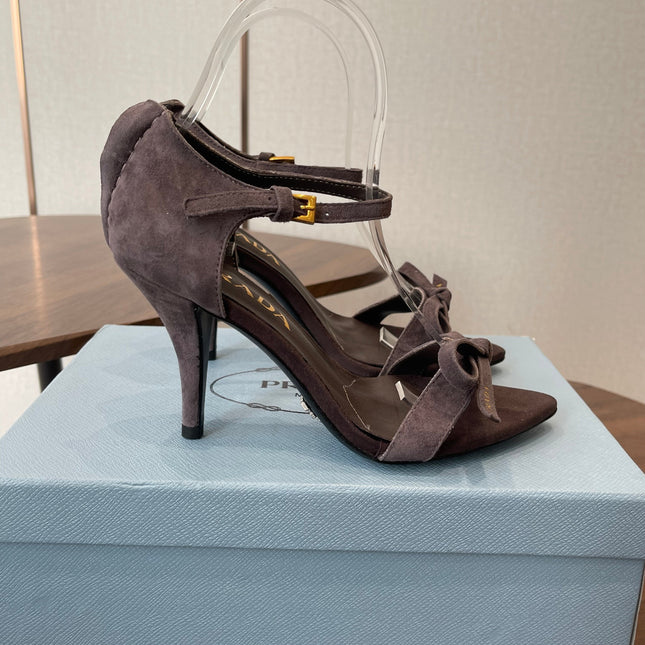 PRADA 26S HIGH HEEL SANDALS 85MM IN DARK BROWN SUEDE WITH BOW