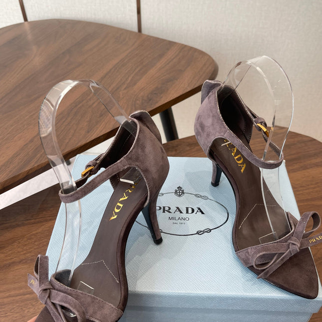 PRADA 26S HIGH HEEL SANDALS 85MM IN DARK BROWN SUEDE WITH BOW
