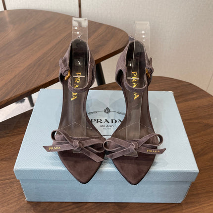 PRADA 26S HIGH HEEL SANDALS 85MM IN DARK BROWN SUEDE WITH BOW