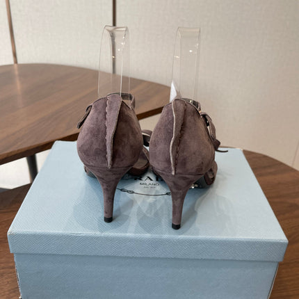 PRADA 26S HIGH HEEL SANDALS 85MM IN DARK BROWN SUEDE WITH BOW