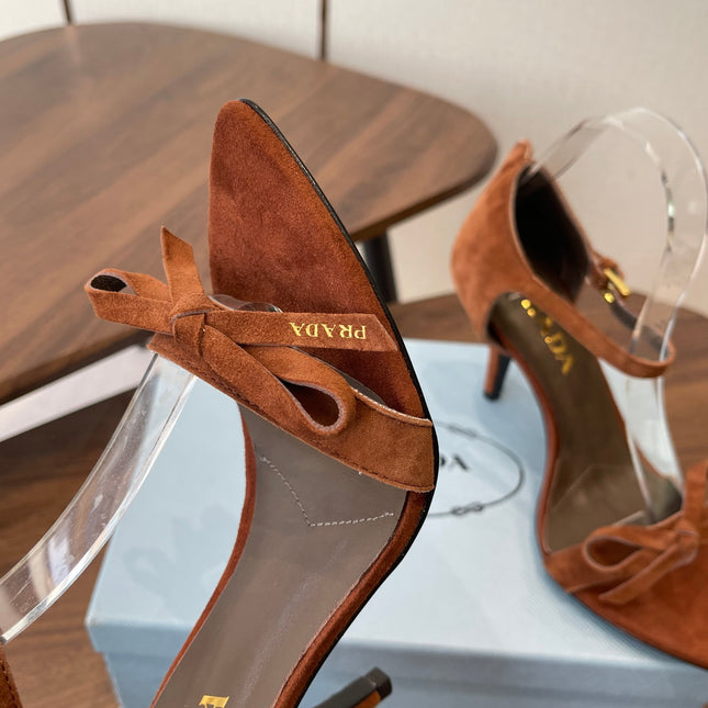 PRADA 26S HIGH HEEL SANDALS 85MM IN CARAMEL BROWN SUEDE WITH BOW
