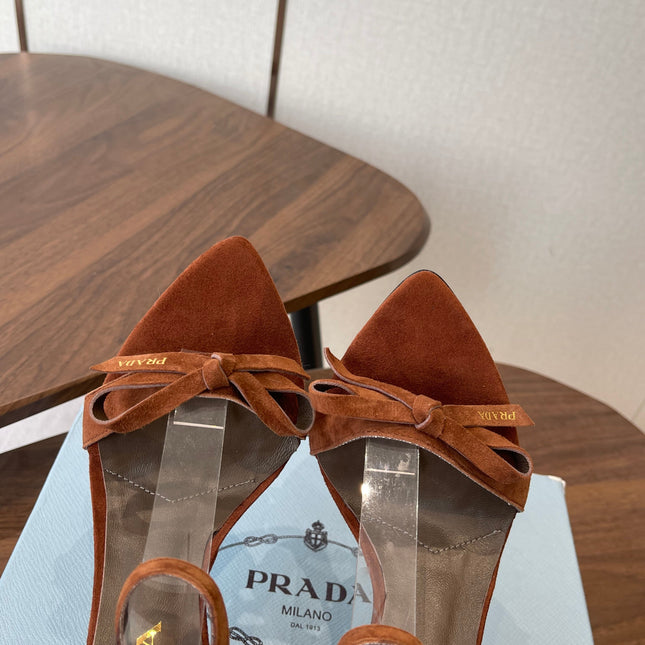 PRADA 26S HIGH HEEL SANDALS 85MM IN CARAMEL BROWN SUEDE WITH BOW
