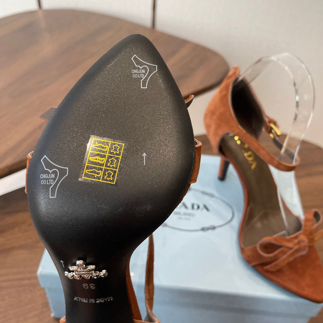 PRADA 26S HIGH HEEL SANDALS 85MM IN CARAMEL BROWN SUEDE WITH BOW