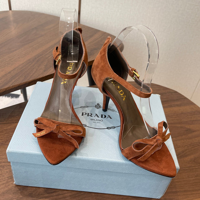 PRADA 26S HIGH HEEL SANDALS 85MM IN CARAMEL BROWN SUEDE WITH BOW