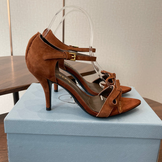 PRADA 26S HIGH HEEL SANDALS 85MM IN CARAMEL BROWN SUEDE WITH BOW