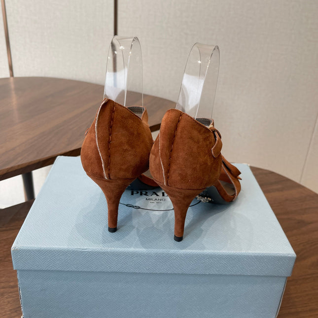 PRADA 26S HIGH HEEL SANDALS 85MM IN CARAMEL BROWN SUEDE WITH BOW