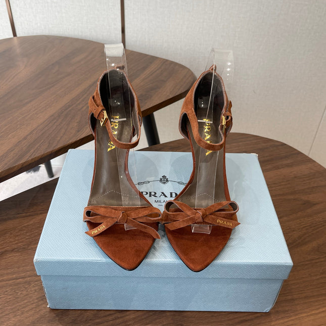PRADA 26S HIGH HEEL SANDALS 85MM IN CARAMEL BROWN SUEDE WITH BOW