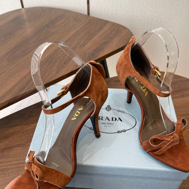 PRADA 26S HIGH HEEL SANDALS 85MM IN CARAMEL BROWN SUEDE WITH BOW