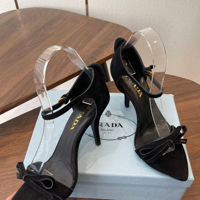 PRADA 26S HIGH HEEL SANDALS 85MM IN BLACK SUEDE WITH BOW
