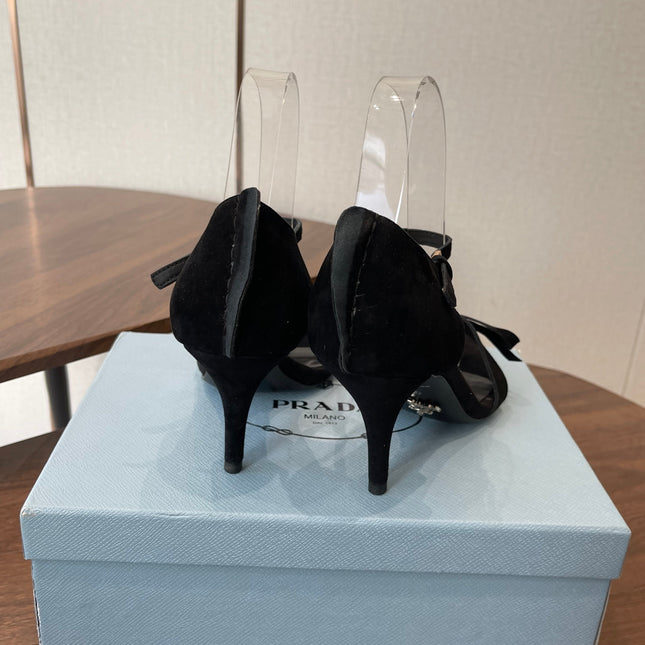 PRADA 26S HIGH HEEL SANDALS 85MM IN BLACK SUEDE WITH BOW