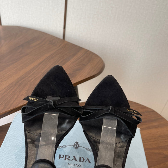 PRADA 26S HIGH HEEL SANDALS 85MM IN BLACK SUEDE WITH BOW