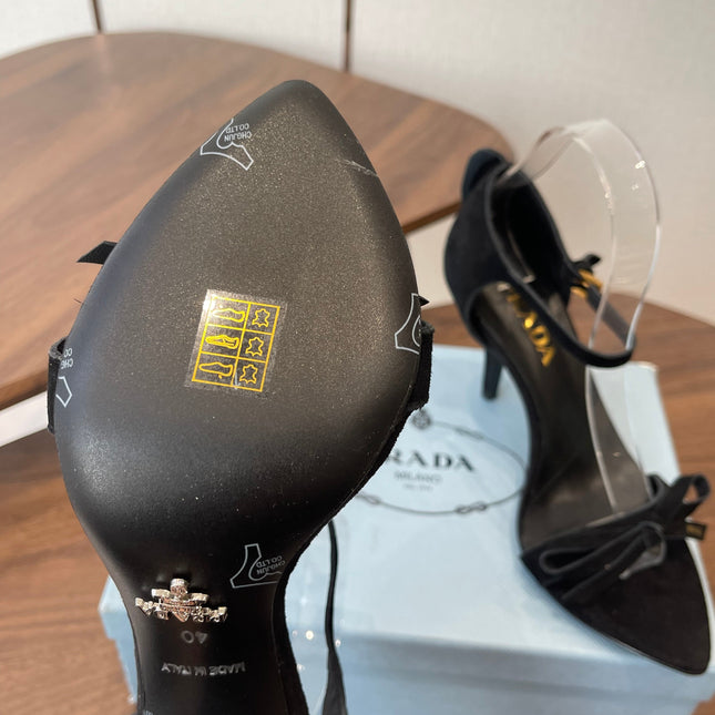 PRADA 26S HIGH HEEL SANDALS 85MM IN BLACK SUEDE WITH BOW