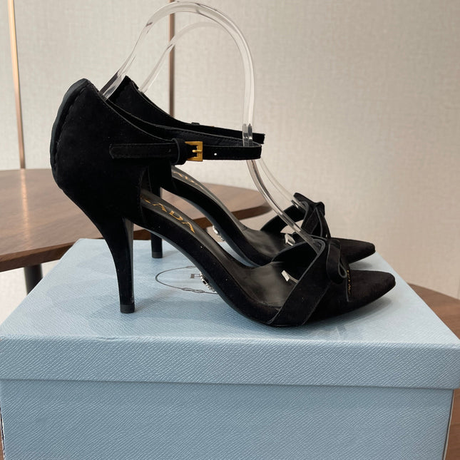 PRADA 26S HIGH HEEL SANDALS 85MM IN BLACK SUEDE WITH BOW