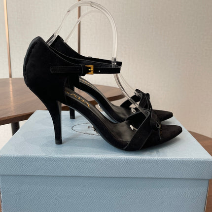 PRADA 26S HIGH HEEL SANDALS 85MM IN BLACK SUEDE WITH BOW