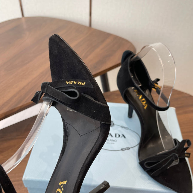 PRADA 26S HIGH HEEL SANDALS 85MM IN BLACK SUEDE WITH BOW