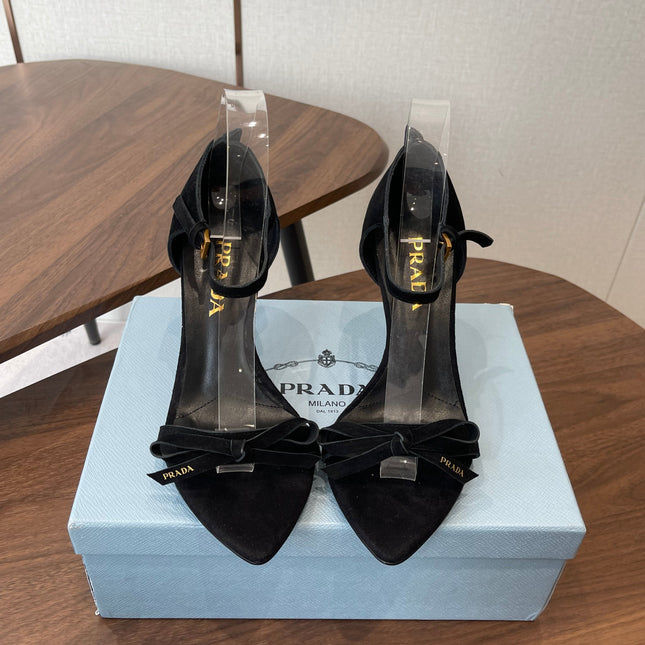 PRADA 26S HIGH HEEL SANDALS 85MM IN BLACK SUEDE WITH BOW