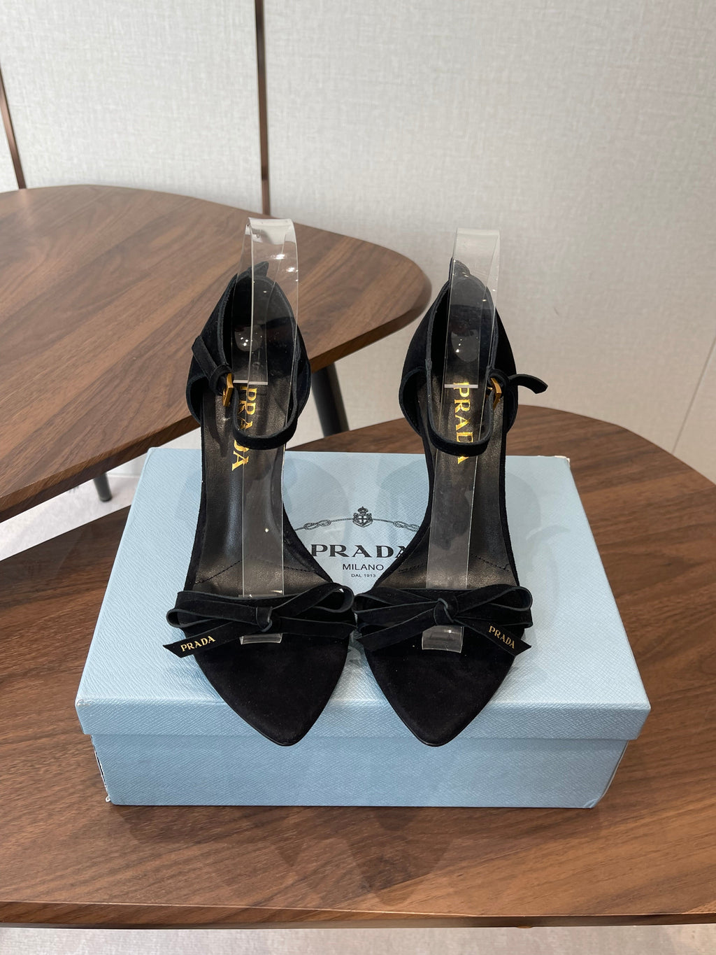 PRADA 26S HIGH HEEL SANDALS 85MM IN BLACK SUEDE WITH BOW