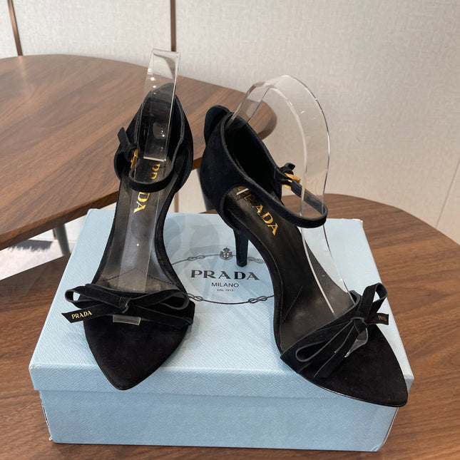 PRADA 26S HIGH HEEL SANDALS 85MM IN BLACK SUEDE WITH BOW