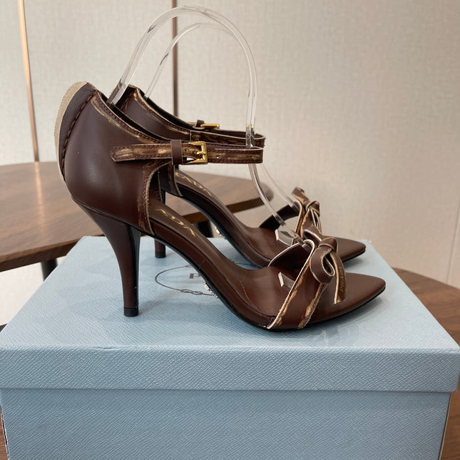 PRADA 26S HIGH HEEL SANDALS 85MM IN CHOCOLATE BROWN CALFSKIN WITH BOW