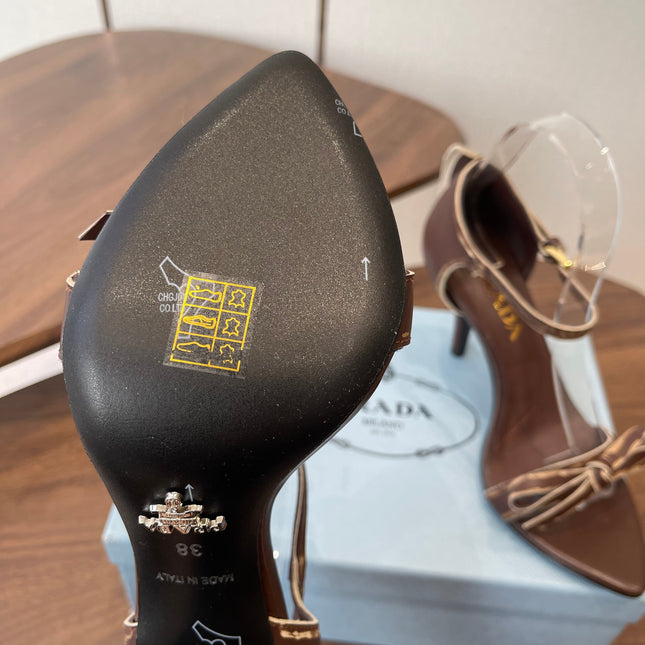 PRADA 26S HIGH HEEL SANDALS 85MM IN CHOCOLATE BROWN CALFSKIN WITH BOW