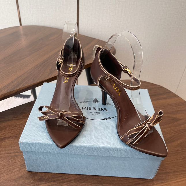 PRADA 26S HIGH HEEL SANDALS 85MM IN CHOCOLATE BROWN CALFSKIN WITH BOW
