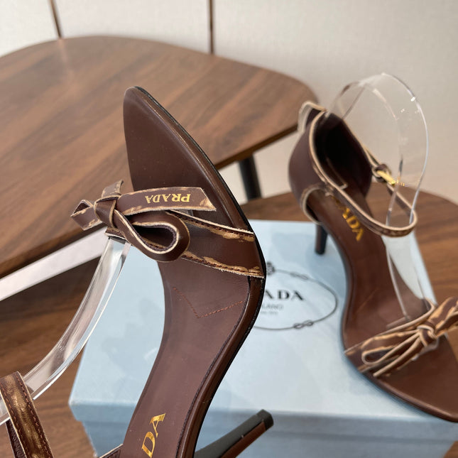 PRADA 26S HIGH HEEL SANDALS 85MM IN CHOCOLATE BROWN CALFSKIN WITH BOW
