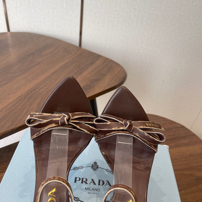 PRADA 26S HIGH HEEL SANDALS 85MM IN CHOCOLATE BROWN CALFSKIN WITH BOW
