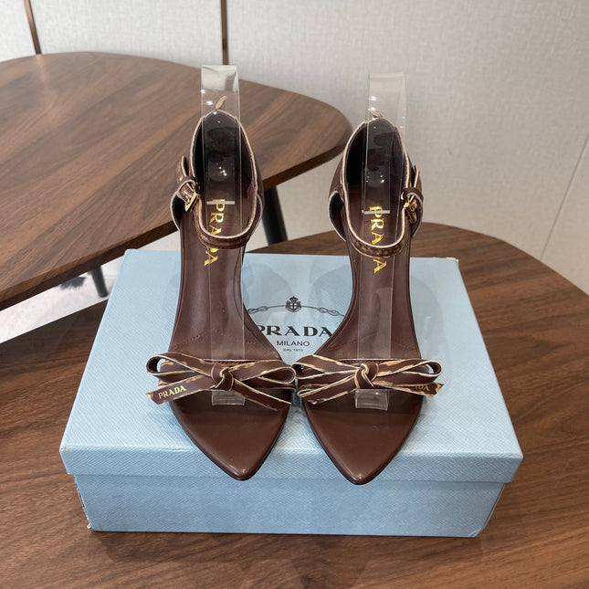PRADA 26S HIGH HEEL SANDALS 85MM IN CHOCOLATE BROWN CALFSKIN WITH BOW
