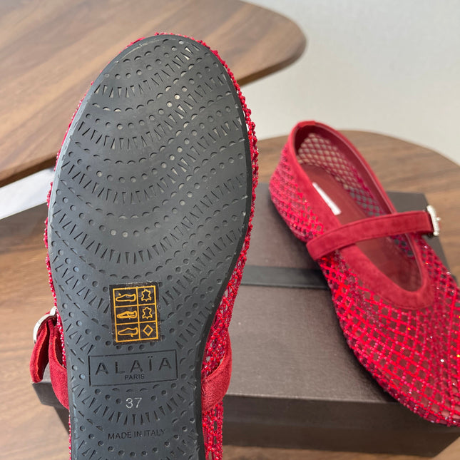 ALAIA 26S MESH FLATS IN DARK RED SUEDE RHINESTONE-EMBELLISHED