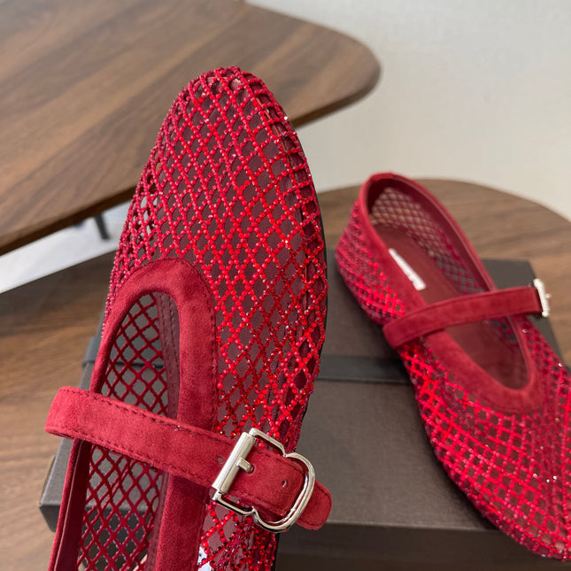 ALAIA 26S MESH FLATS IN DARK RED SUEDE RHINESTONE-EMBELLISHED
