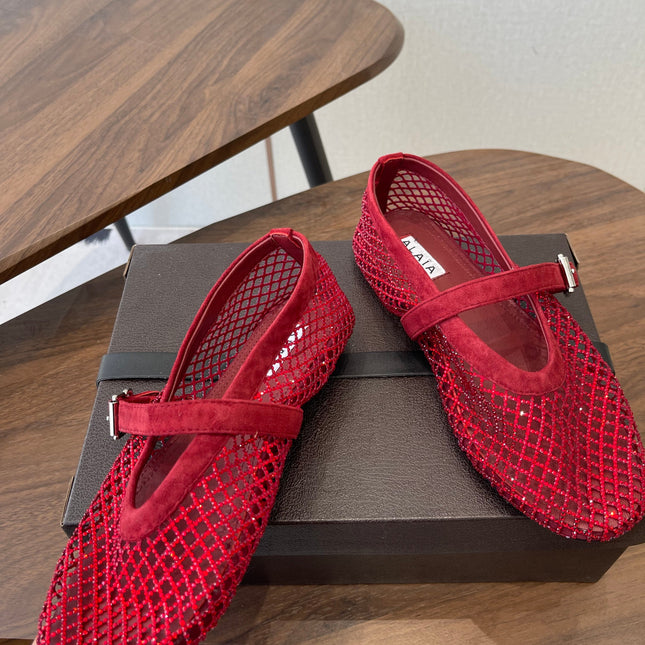 ALAIA 26S MESH FLATS IN DARK RED SUEDE RHINESTONE-EMBELLISHED