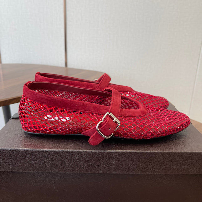 ALAIA 26S MESH FLATS IN DARK RED SUEDE RHINESTONE-EMBELLISHED