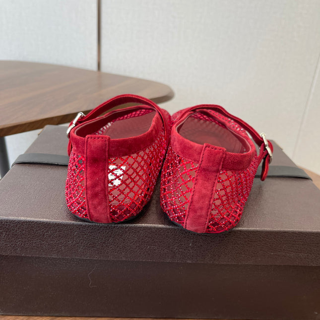 ALAIA 26S MESH FLATS IN DARK RED SUEDE RHINESTONE-EMBELLISHED