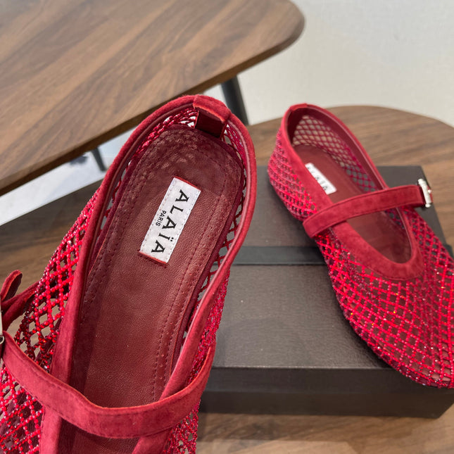 ALAIA 26S MESH FLATS IN DARK RED SUEDE RHINESTONE-EMBELLISHED