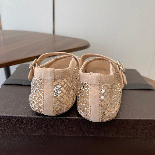 ALAIA 26S MESH FLATS IN BEIGE SUEDE RHINESTONE-EMBELLISHED