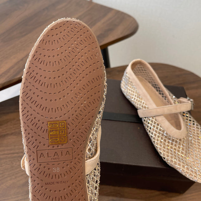 ALAIA 26S MESH FLATS IN BEIGE SUEDE RHINESTONE-EMBELLISHED