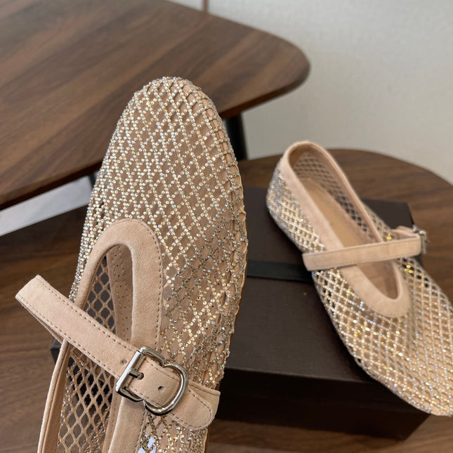 ALAIA 26S MESH FLATS IN BEIGE SUEDE RHINESTONE-EMBELLISHED