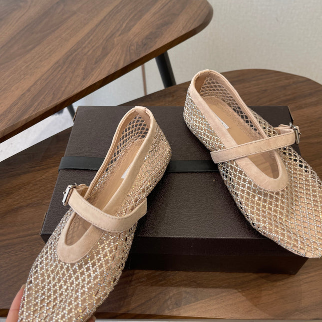 ALAIA 26S MESH FLATS IN BEIGE SUEDE RHINESTONE-EMBELLISHED