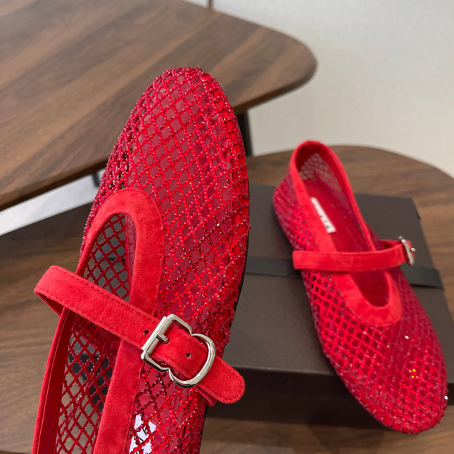 ALAIA 26S MESH FLATS IN RED SUEDE RHINESTONE-EMBELLISHED