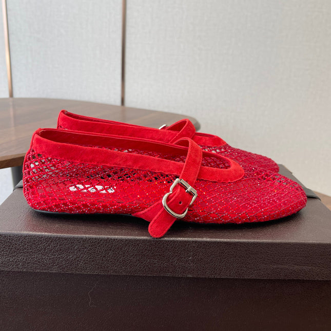 ALAIA 26S MESH FLATS IN RED SUEDE RHINESTONE-EMBELLISHED