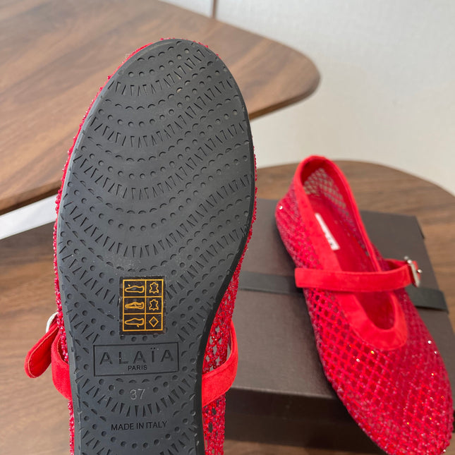 ALAIA 26S MESH FLATS IN RED SUEDE RHINESTONE-EMBELLISHED