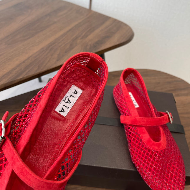 ALAIA 26S MESH FLATS IN RED SUEDE RHINESTONE-EMBELLISHED