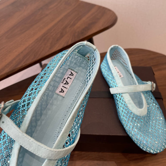 ALAIA 26S MESH FLATS IN BLUE SUEDE RHINESTONE-EMBELLISHED