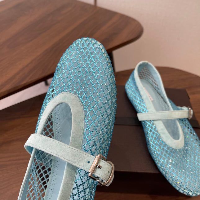 ALAIA 26S MESH FLATS IN BLUE SUEDE RHINESTONE-EMBELLISHED
