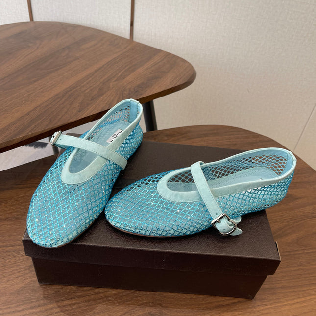 ALAIA 26S MESH FLATS IN BLUE SUEDE RHINESTONE-EMBELLISHED