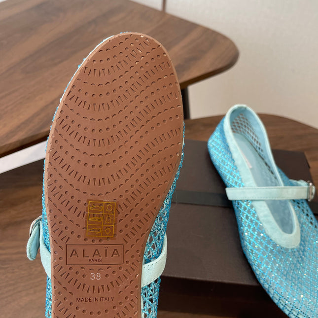 ALAIA 26S MESH FLATS IN BLUE SUEDE RHINESTONE-EMBELLISHED